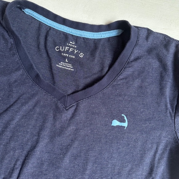 CUFFYS Cape Cod Blue Striped Logo Tee Shirt - Picture 2 of 5
